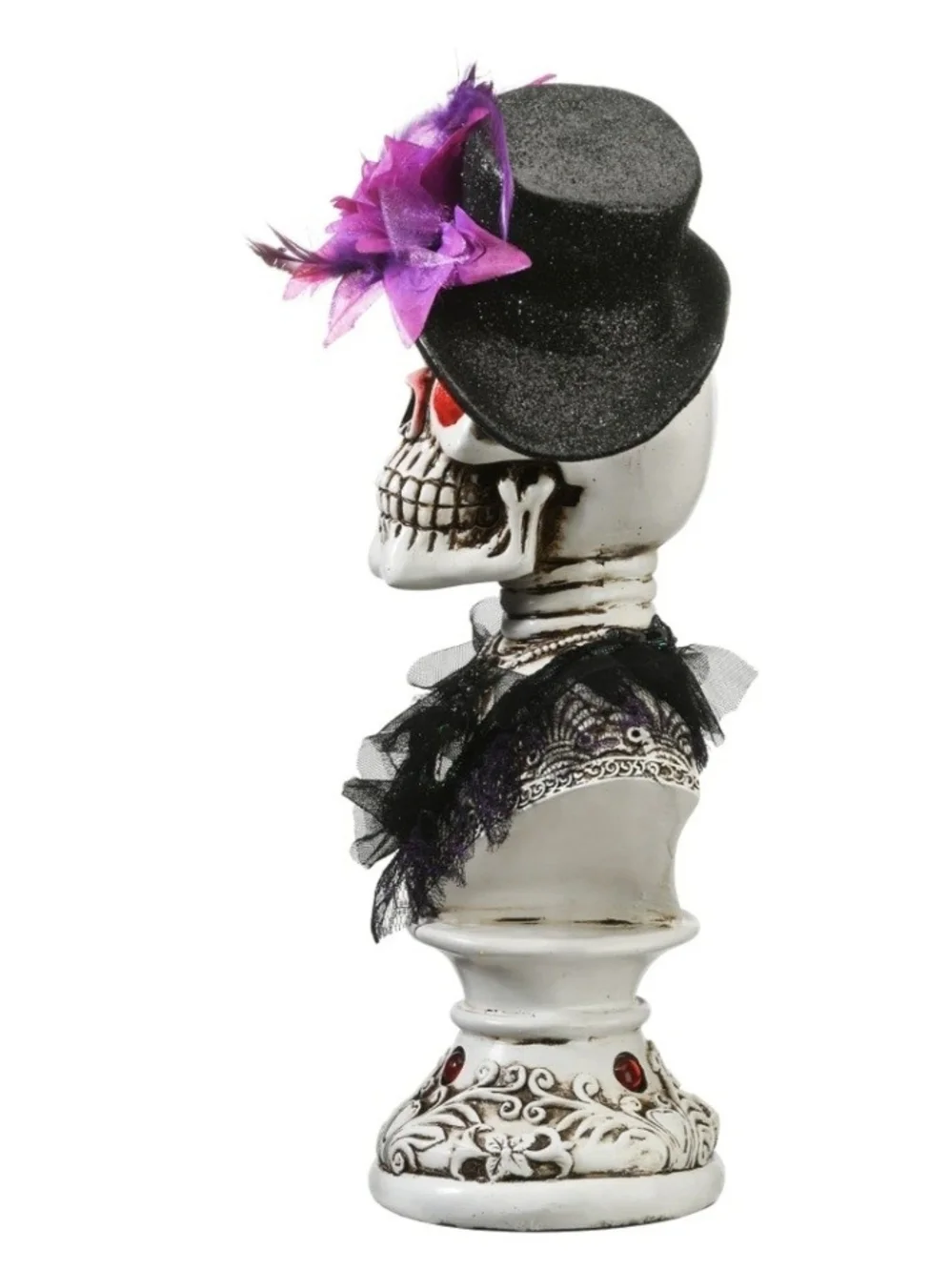 Decorative Halloween Skull Bust with Purple Hat and Red LED Eyes